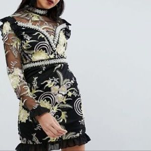 Floral High Neck High Neck Embellished Mini Dress